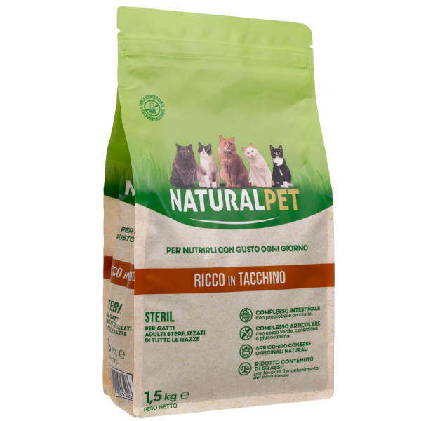 foto del prodotto naturalpet cat sterilised tacchino 1,5 kg crocchette naturali cane 1 ordine scegli lo sconto bzr5 bzr20 200 punti fedelt 