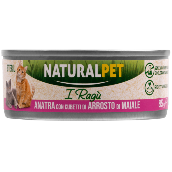 foto del prodotto naturalpet cat sterilized deliziosi rag di carne 85 gr anatra con cubetti di arrosto di maiale confezione da 6 pezzi 1 ordine scegli lo sconto bzr5 bzr20 200 punti fedelt 