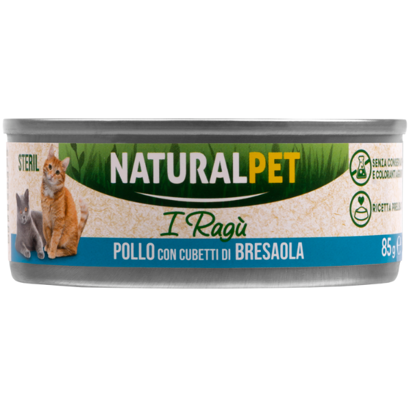 foto del prodotto naturalpet cat sterilized deliziosi rag di carne 85 gr pollo con cubetti di bresaola confezione da 6 pezzi 1 ordine scegli lo sconto bzr5 bzr20 200 punti fedelt 