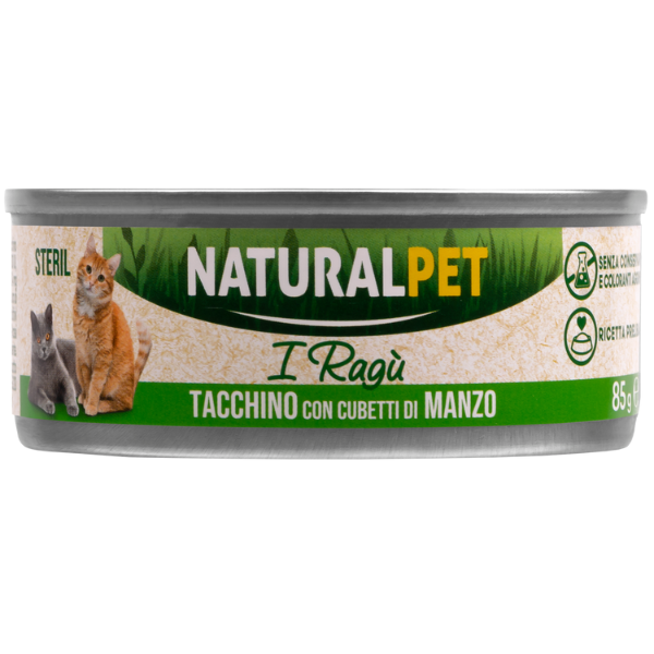 foto del prodotto naturalpet cat sterilized deliziosi rag di carne 85 gr tacchino con cubetti di manzo confezione da 6 pezzi 1 ordine scegli lo sconto bzr5 bzr20 200 punti fedelt 
