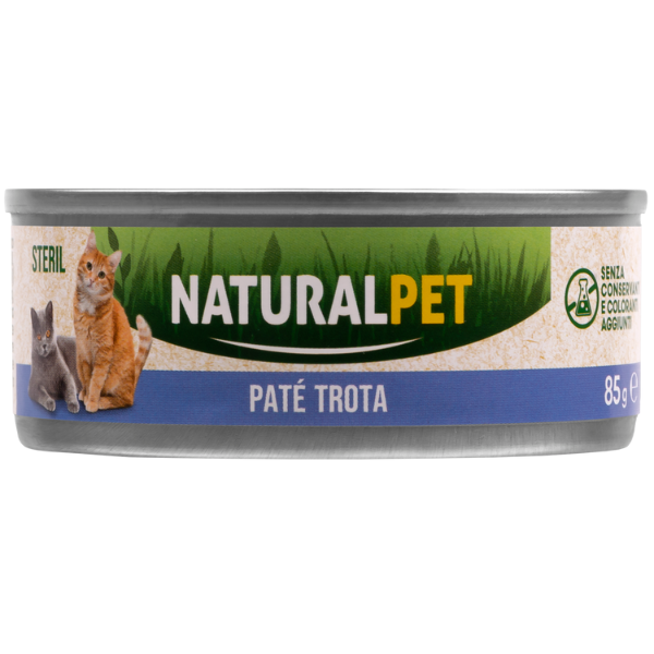 foto del prodotto naturalpet cat sterilized pat 85 gr trota confezione da 6 pezzi 1 ordine scegli lo sconto bzr5 bzr20 200 punti fedelt 