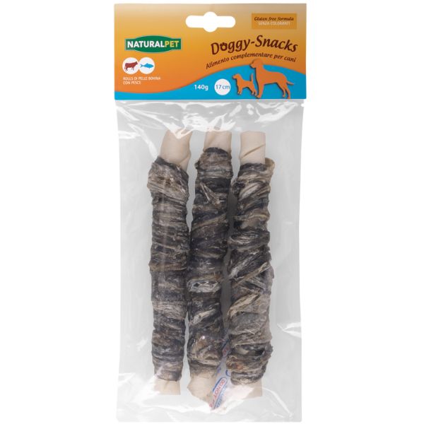 foto del prodotto naturalpet doggy snacks per cani rolls di pelle bovina con pesce 3 pezzi da 17 cm 1 ordine scegli lo sconto bzr5 bzr20 200 punti fedelt 