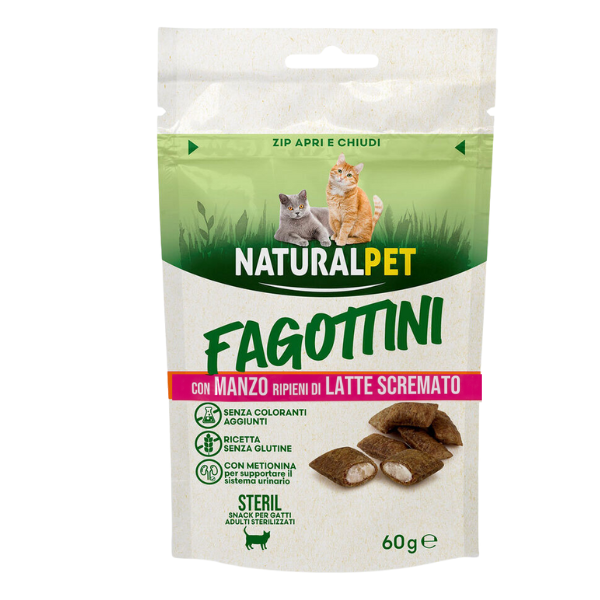 foto del prodotto naturalpet fagottini ripieni cat adult 60 gr sterilised manzo con latte scremato 1 ordine scegli lo sconto bzr5 bzr20 200 punti fedelt 
