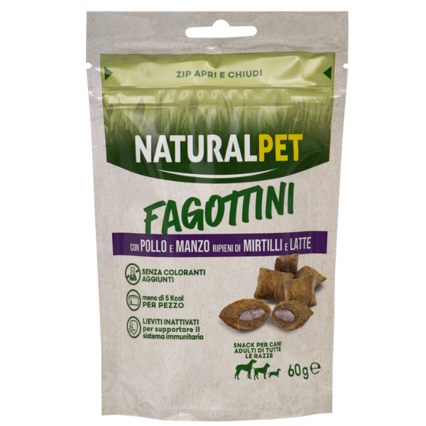 foto del prodotto naturalpet fagottini ripieni dog adult 60 gr pollo e manzo ripieno di mirtilli e latte 1 ordine scegli lo sconto bzr5 bzr20 200 punti fedelt 