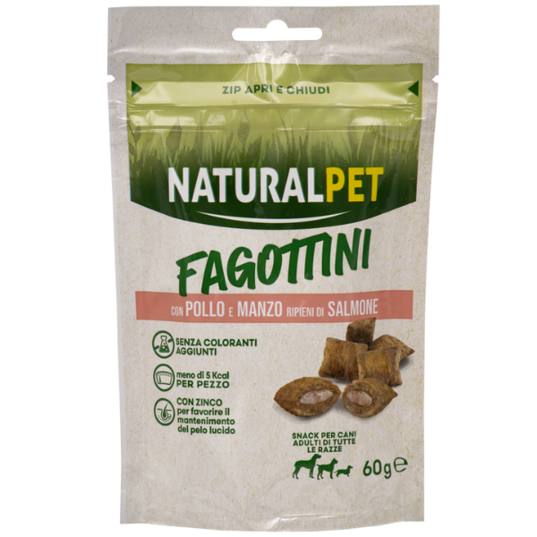 foto del prodotto naturalpet fagottini ripieni dog adult 60 gr pollo e manzo ripieno di salmone 1 ordine scegli lo sconto bzr5 bzr20 200 punti fedelt 