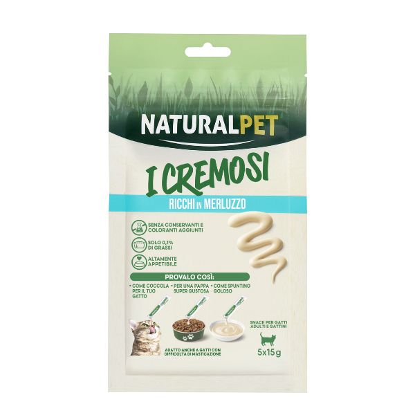 foto del prodotto naturalpet i cremosi snack per gatti adulti e gattini 75 gr 5x15 gr merluzzo 1 ordine scegli lo sconto bzr5 bzr20 200 punti fedelt 