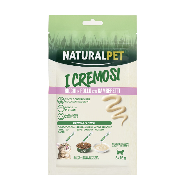 foto del prodotto naturalpet i cremosi snack per gatti adulti e gattini 75 gr 5x15 gr pollo e gamberetti 1 ordine scegli lo sconto bzr5 bzr20 200 punti fedelt 