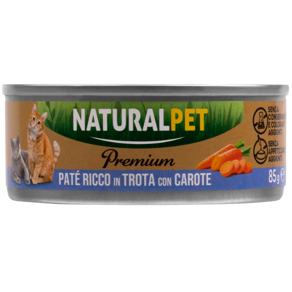 foto del prodotto naturalpet premium cat adult pat 85 gr trota con carote confezione da 6 pezzi 1 ordine scegli lo sconto bzr5 bzr20 200 punti fedelt 