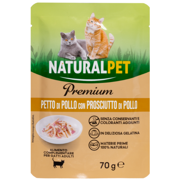 foto del prodotto naturalpet premium cat adult umido bustine in gelatina 70 gr petto di pollo con prosciutto di pollo confezione da 6 pezzi 1 ordine scegli lo sconto bzr5 bzr20 200 punti fedelt 