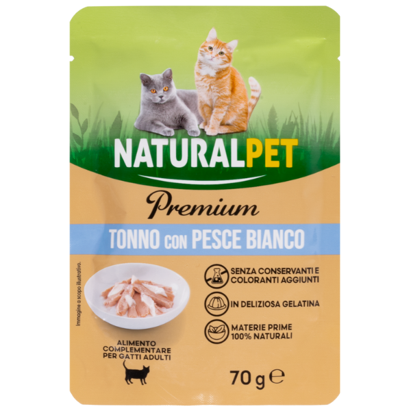 foto del prodotto naturalpet premium cat adult umido bustine in gelatina 70 gr tonno con pesce bianco confezione da 6 pezzi 1 ordine scegli lo sconto bzr5 bzr20 200 punti fedelt 
