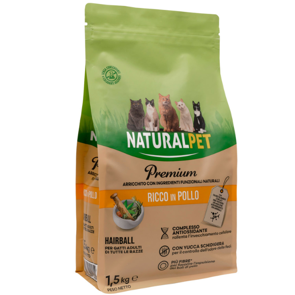 foto del prodotto naturalpet premium cat hairball pollo 1,5 kg crocchette naturali cane 1 ordine scegli lo sconto bzr5 bzr20 200 punti fedelt 