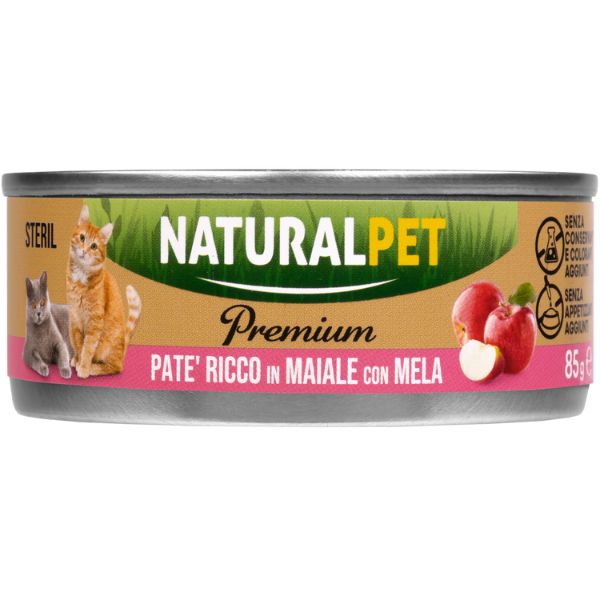 foto del prodotto naturalpet premium cat sterilised pat 85 gr maiale con mela confezione da 6 pezzi 1 ordine scegli lo sconto bzr5 bzr20 200 punti fedelt 