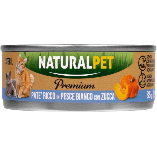 foto del prodotto naturalpet premium cat sterilised pat 85 gr pesce bianco con zucca confezione da 6 pezzi 1 ordine scegli lo sconto bzr5 bzr20 200 punti fedelt 