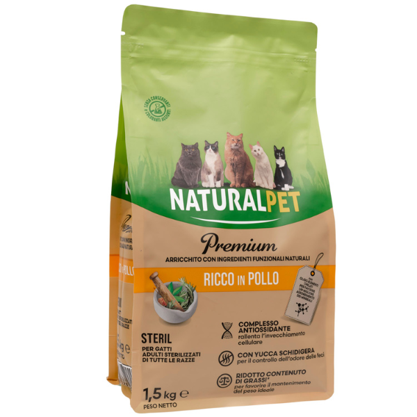 foto del prodotto naturalpet premium cat sterilised pollo 1,5 kg crocchette naturali cane 1 ordine scegli lo sconto bzr5 bzr20 200 punti fedelt 