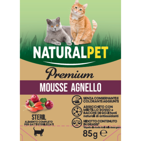 foto del prodotto naturalpet premium cat sterilizzati 85gr agnello e mirtilli confezione da 6 pezzi 1 ordine scegli lo sconto bzr5 bzr20 200 punti fedelt 