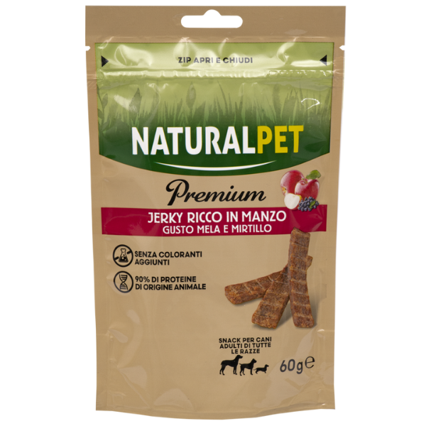 foto del prodotto naturalpet premium dog adult all breeds jerky stick 60 gr manzo, mela e mirtillo 1 ordine scegli lo sconto bzr5 bzr20 200 punti fedelt 