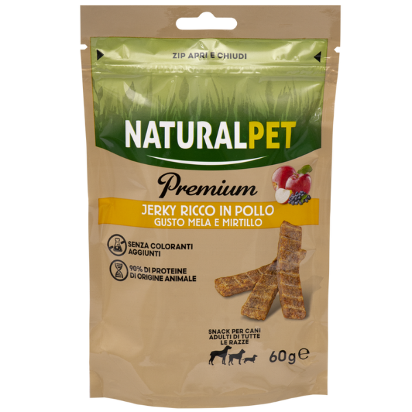 foto del prodotto naturalpet premium dog adult all breeds jerky stick 60 gr pollo, mela e mirtillo 1 ordine scegli lo sconto bzr5 bzr20 200 punti fedelt 