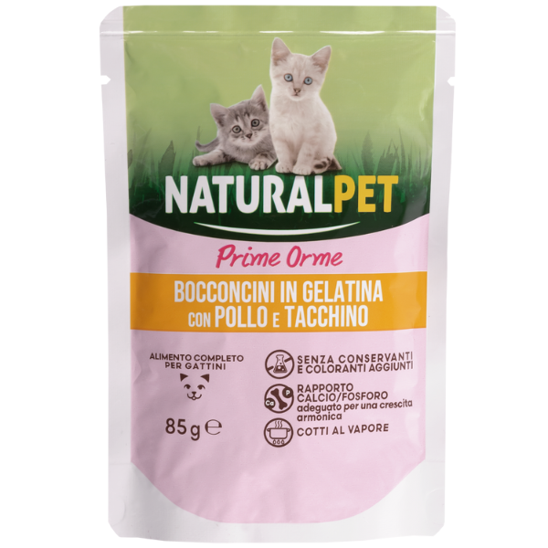 foto del prodotto naturalpet prime orme kitten bocconcini in gelatina 85 gr pollo e tacchino confezione da 6 pezzi 1 ordine scegli lo sconto bzr5 bzr20 200 punti fedelt 