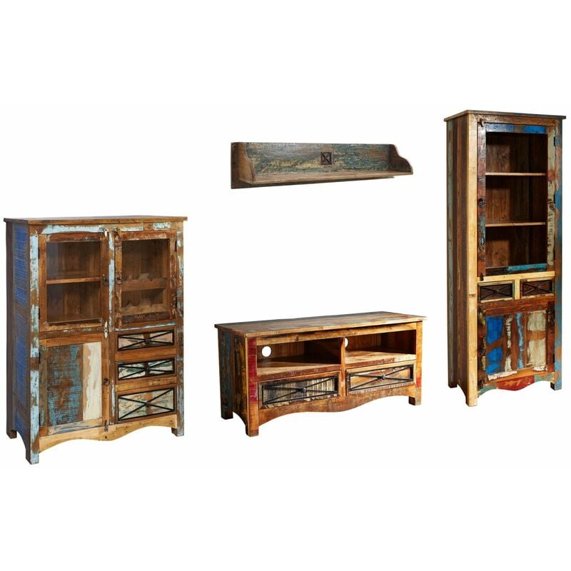 foto del prodotto nature of spirit 900 parete attrezzata in legno riciclato laccato multicolore 300x45x200