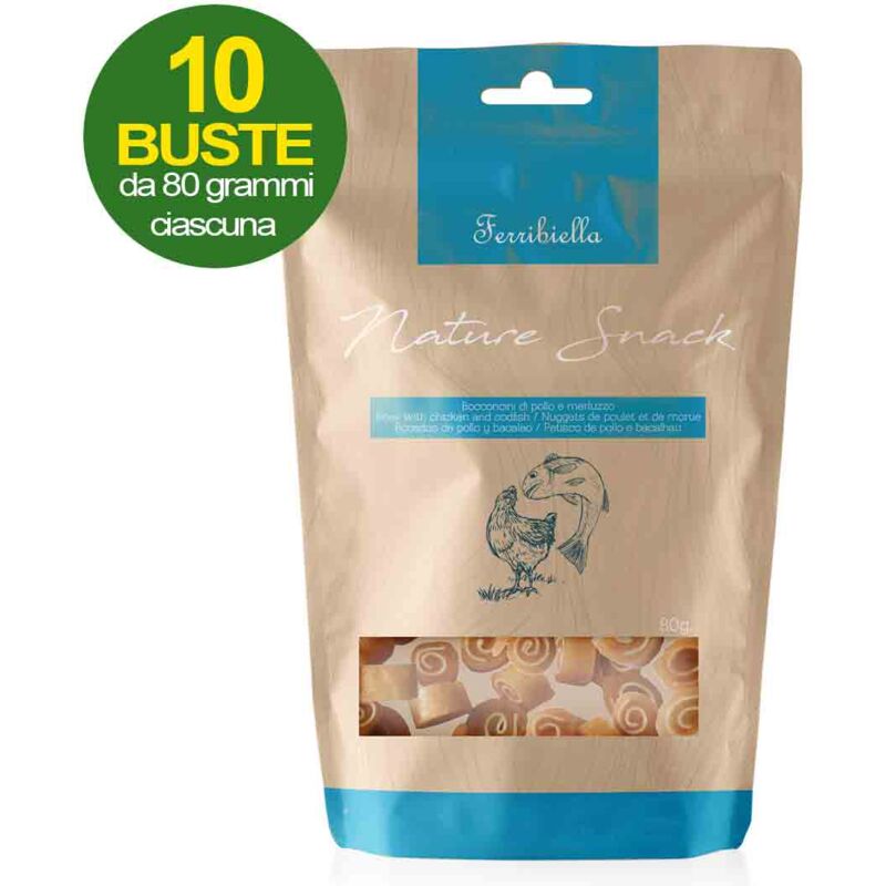 foto del prodotto nature snack bocconcini di pollo e merluzzo per cani 10 buste da 80 g cad
