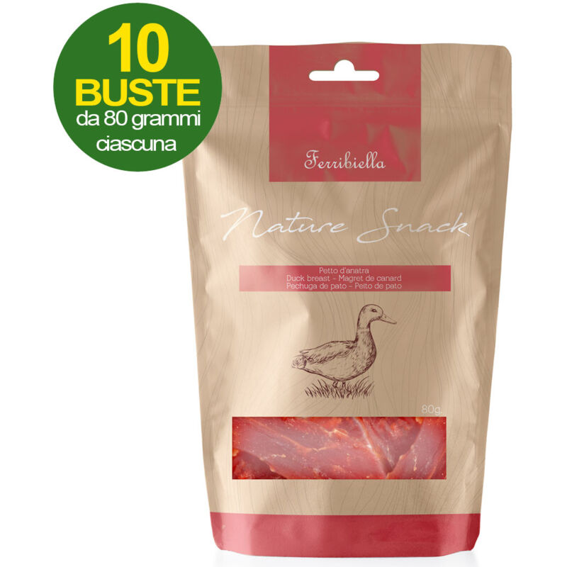 foto del prodotto nature snack petto d'anatra per cani 10 buste da 80 g cad