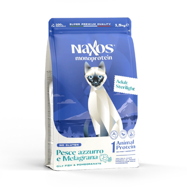 foto del prodotto naxos monoprotein cat adult sterilised pesce azzurro e melagrana 7 kg cibo monoproteico gatto 1 ordine scegli lo sconto bzr5 bzr20 200 punti fedelt 