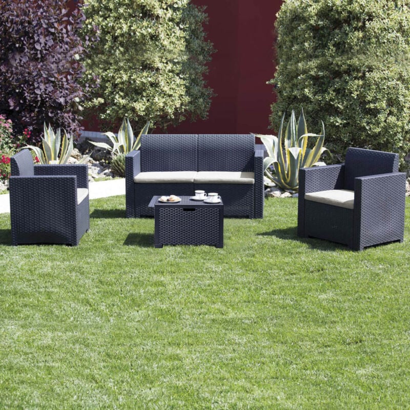 foto del prodotto nebraska salotto da giardino completo di cuscini intreccio in rattan sintetico