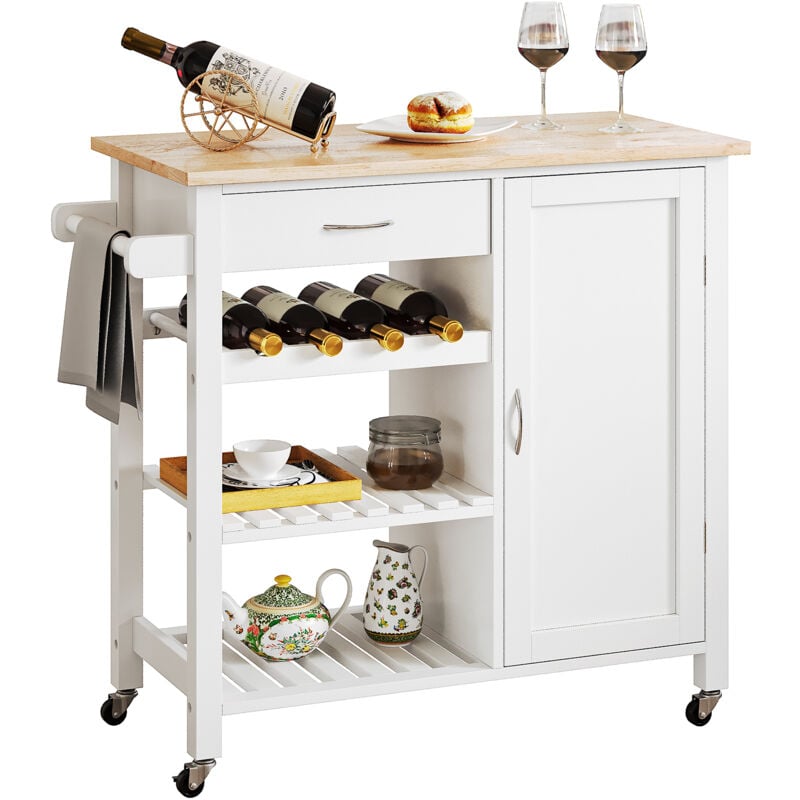 foto del prodotto neche carrello da cucina su ruote con 1 cassetto e 3 ripiani, ampio mobile con ante, 80 x 40,5 x 80 cm, bianco e naturale