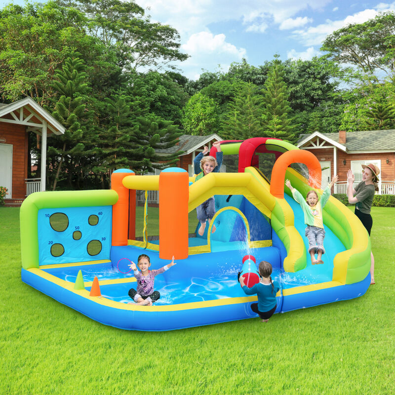 foto del prodotto neche castello gonfiabile con soffiatore da 450 w, parco trampolini, scivolo d acqua, parete di lancio, canestro da basket, parete da arrampicata,