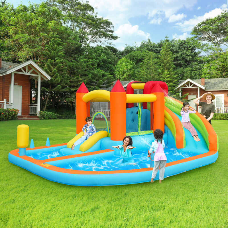 foto del prodotto neche castello gonfiabile per esterni con soffiatore da 450 w, 2 scivoli d acqua trampolino canestro da basket pistola ad acqua uso asciutto e