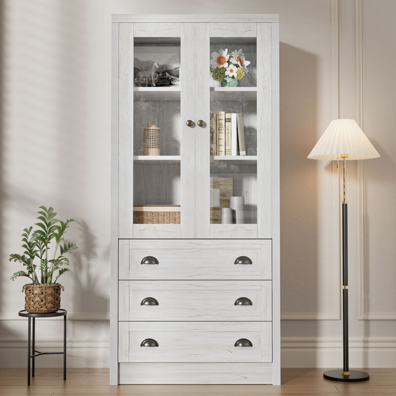foto del prodotto neche credenza alta versatile, effetto legno con ante in vetro, 3 cassetti, maniglie in rame, per soggiorno, camera da letto, ingresso, 80x34x171 cm