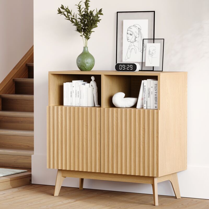 foto del prodotto neche credenza scanalata, mobile contenitore con gambe in legno, cassettiera decorativa per soggiorno, ingresso, cucina, 80 x 38 x 80 cm, rovere