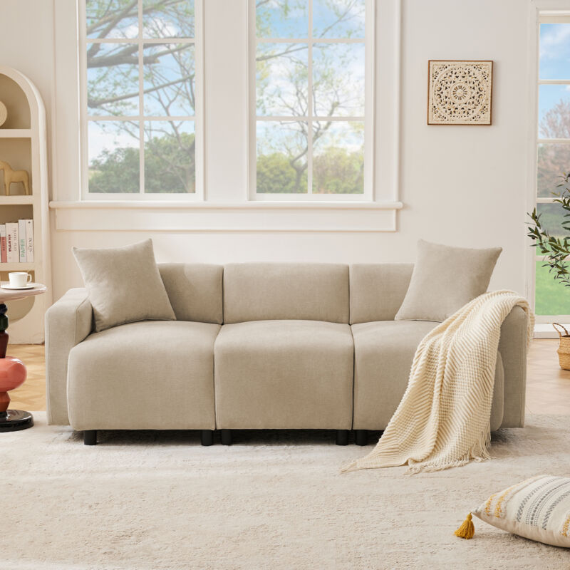 foto del prodotto neche divano 3 posti con cuscini, design moderno, divano da soggiorno in tessuto ciniglia, 211x67x71cm, beige