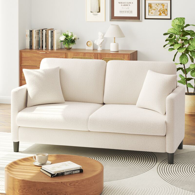 foto del prodotto neche divano moderno a 2 posti in velluto teddy, divano dritto in legno massello, divano a due posti con braccioli, 165 x 78 x 89 cm, beige