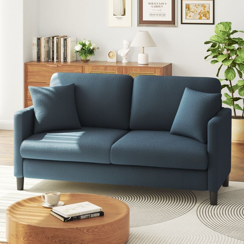 foto del prodotto neche divano moderno a 2 posti in velluto teddy, divano dritto in legno massello, divano a due posti con braccioli, 165 x 78 x 89 cm, blu grigio