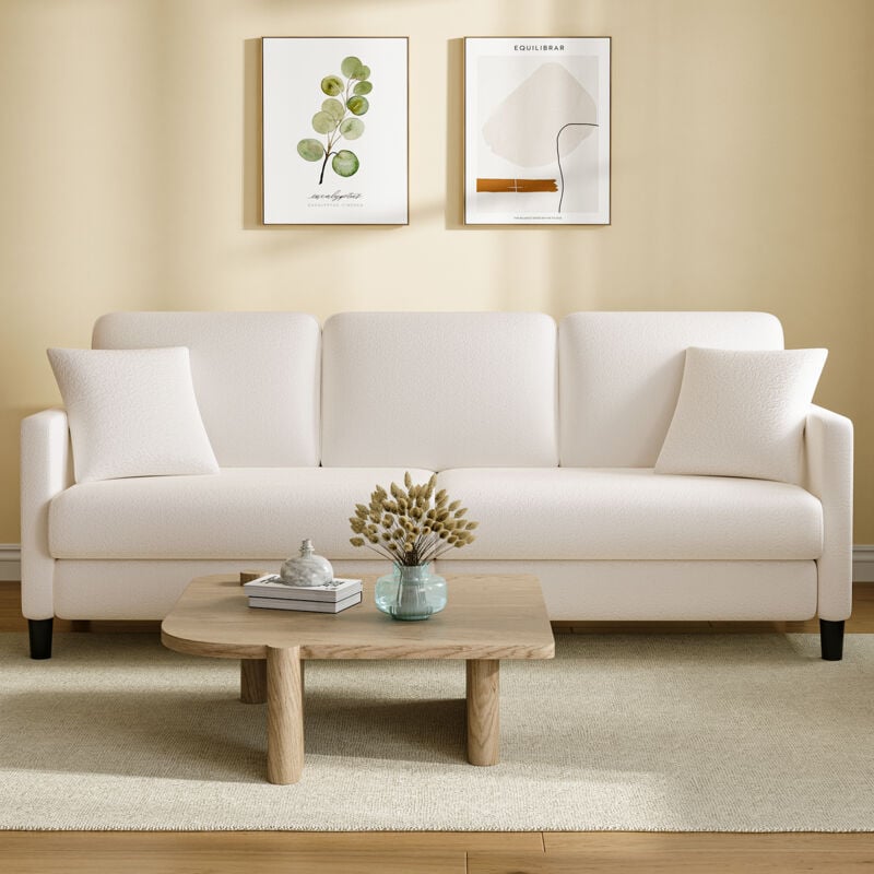 foto del prodotto neche divano moderno a 3 posti in velluto teddy, grande divano dritto in legno massello con braccioli, 3 cuscini 2 cuscini, 210 x 79 x 89 cm