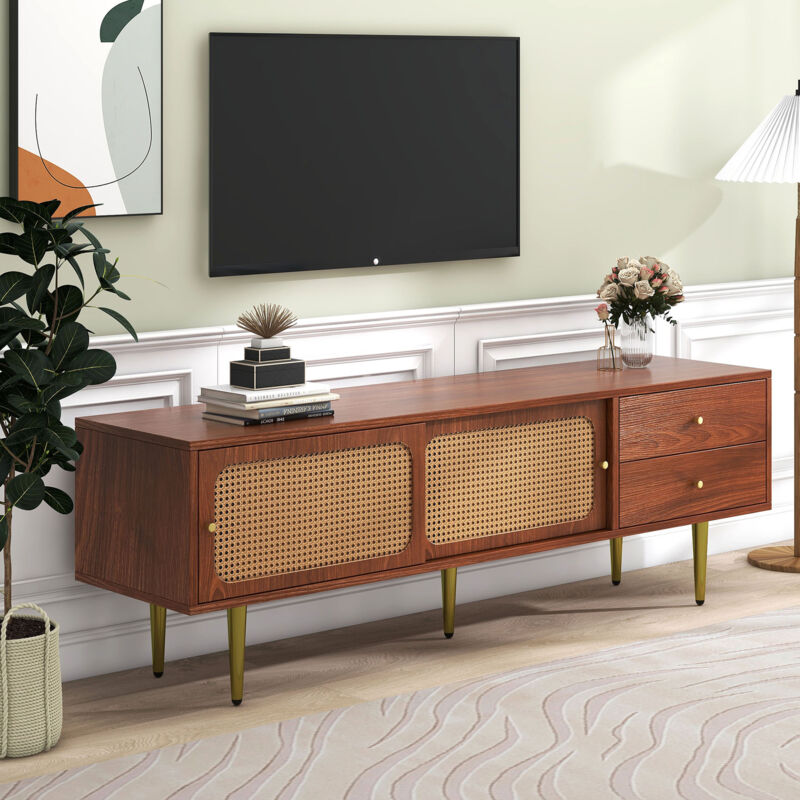 foto del prodotto neche elegante mobile porta tv con ante in rattan, 2 cassetti 2 ante scorrevoli 4 scomparti portaoggetti, 160x40x60cm, colore noce