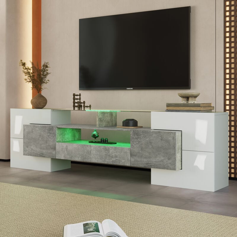 foto del prodotto neche elegante mobile porta tv led lucido, cassettiera porta tv con 3 scomparti 6 ante 2 cassetti, mobile porta tv con superficie in vetro,