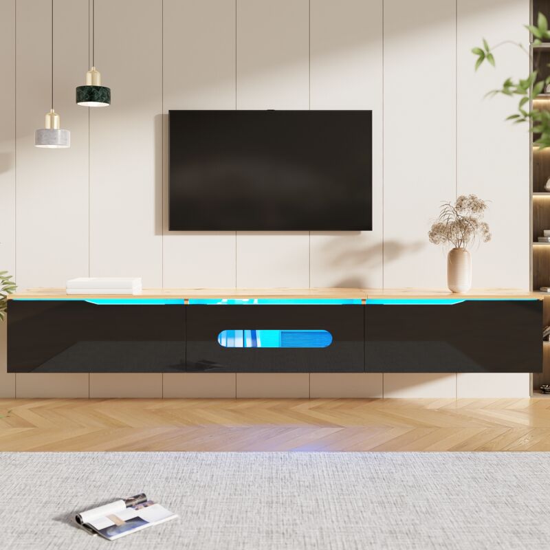 foto del prodotto neche elegante mobile tv con finitura lucida e illuminazione led a 16 colori, montaggio a parete, 180 x 35 x 30 cm, nero e naturale