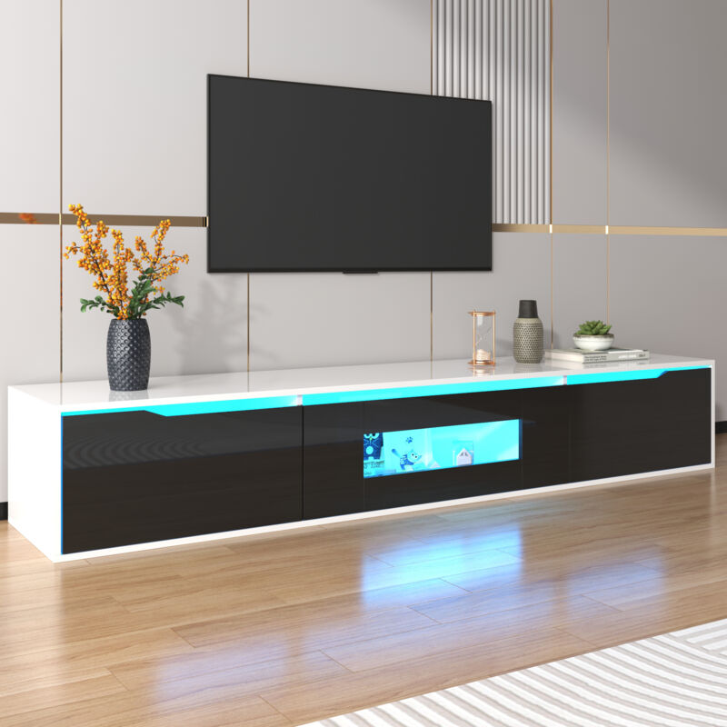 foto del prodotto neche elegante mobile tv, mobile tv lucido, porta tv a parete con 3 ante speciali, tavolo bianco e nero con luce led, 180x35x30 cm