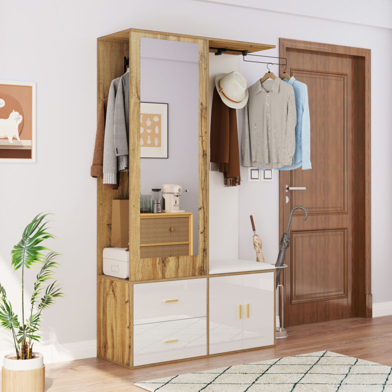 foto del prodotto neche elegante set di mobili da ingresso bianchi e in legno con specchio, armadio con scarpiera, appendiabiti estensibile