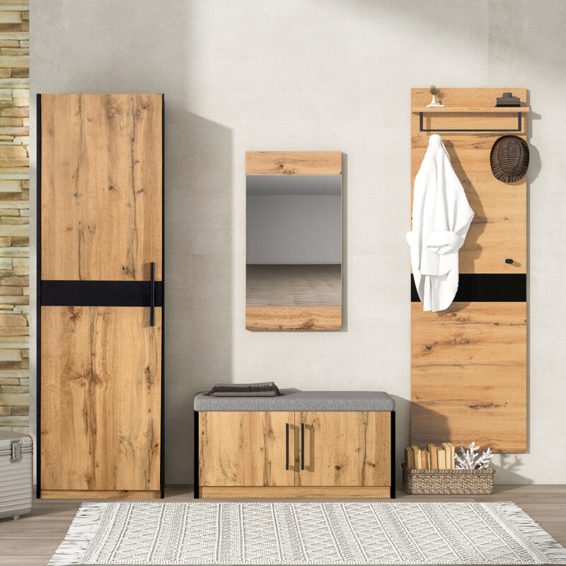 foto del prodotto neche elegante set di mobili da ingresso da 4 pezzi, set di 4 attaccapanni con 1 armadio 1 pratico mobiletto a muro 1 panca e 1 specchio
