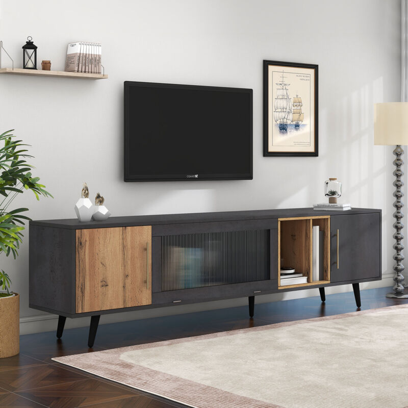 foto del prodotto neche mobile porta tv elegante con motivo a blocchi di colore, 200 x 40 x 55,5 cm, design unico, vetrina grigia con venature del legno, per tv da
