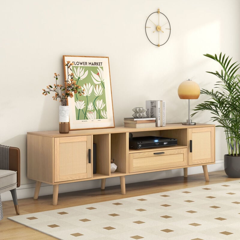 foto del prodotto neche mobile porta tv in rattan, mobile porta tv con 2 ante e 1 cassetto, gambe in legno massello, 180 x 40 x 54 cm