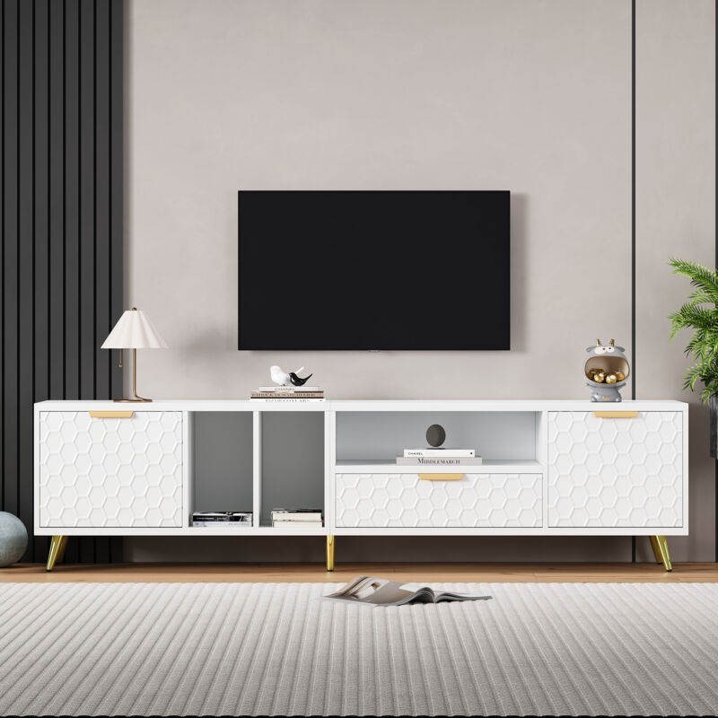 foto del prodotto neche mobile porta tv moderno di lusso da 180 cm, mobile con motivo a nido d ape opaco per tv da 80 5 scomparti e 1 cassetto