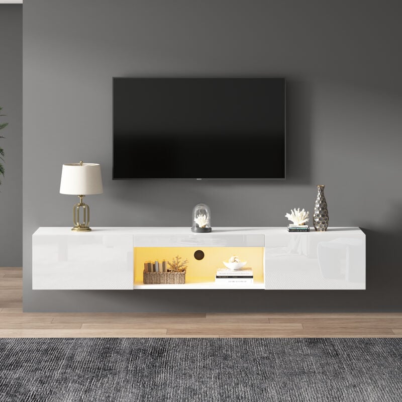 immagine 0 del prodotto neche mobile tv a parete lucido con led, 160 l x 31 w x 22 h cm, mobiletto sospeso per tv da 70 , controllo tramite app bluetooth, bianco