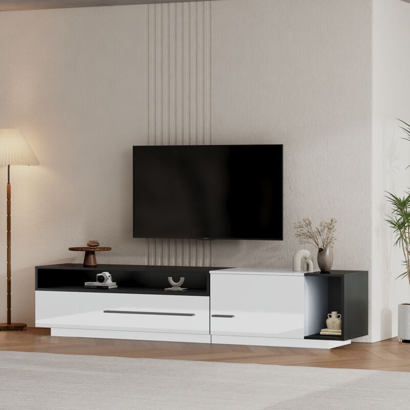 foto del prodotto neche mobile tv basso lucido, cassettiera porta tv per tv fino a 70 pollici con cassetto, anta e vano a giorno, 170x38x42cm