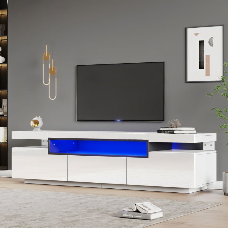 foto del prodotto neche mobile tv bianco lucido ed elegante con illuminazione led a 16 colori, spazio per tv da 70 3 cassetti, 160 l x 39 p x 42 a cm, bianco