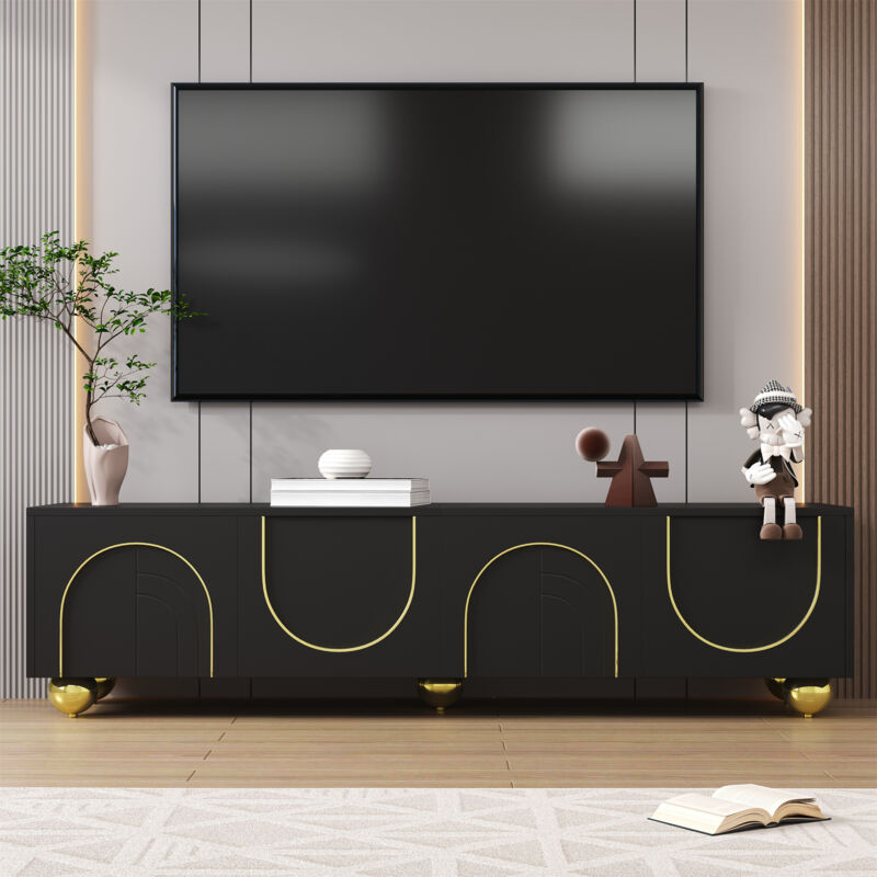 foto del prodotto neche mobile tv, credenza bassa con ante texturizzate, decorazioni dorate, gambe rotonde dorate, apertura a pressione, 170 x 38 x 44 cm, nero