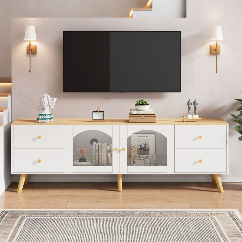 foto del prodotto neche mobile tv decorativo con contenitore, 2 ante in vetro temperato e 4 cassetti, in legno bianco originale, 160l x 40w x 63,5hcm, per soggiorno